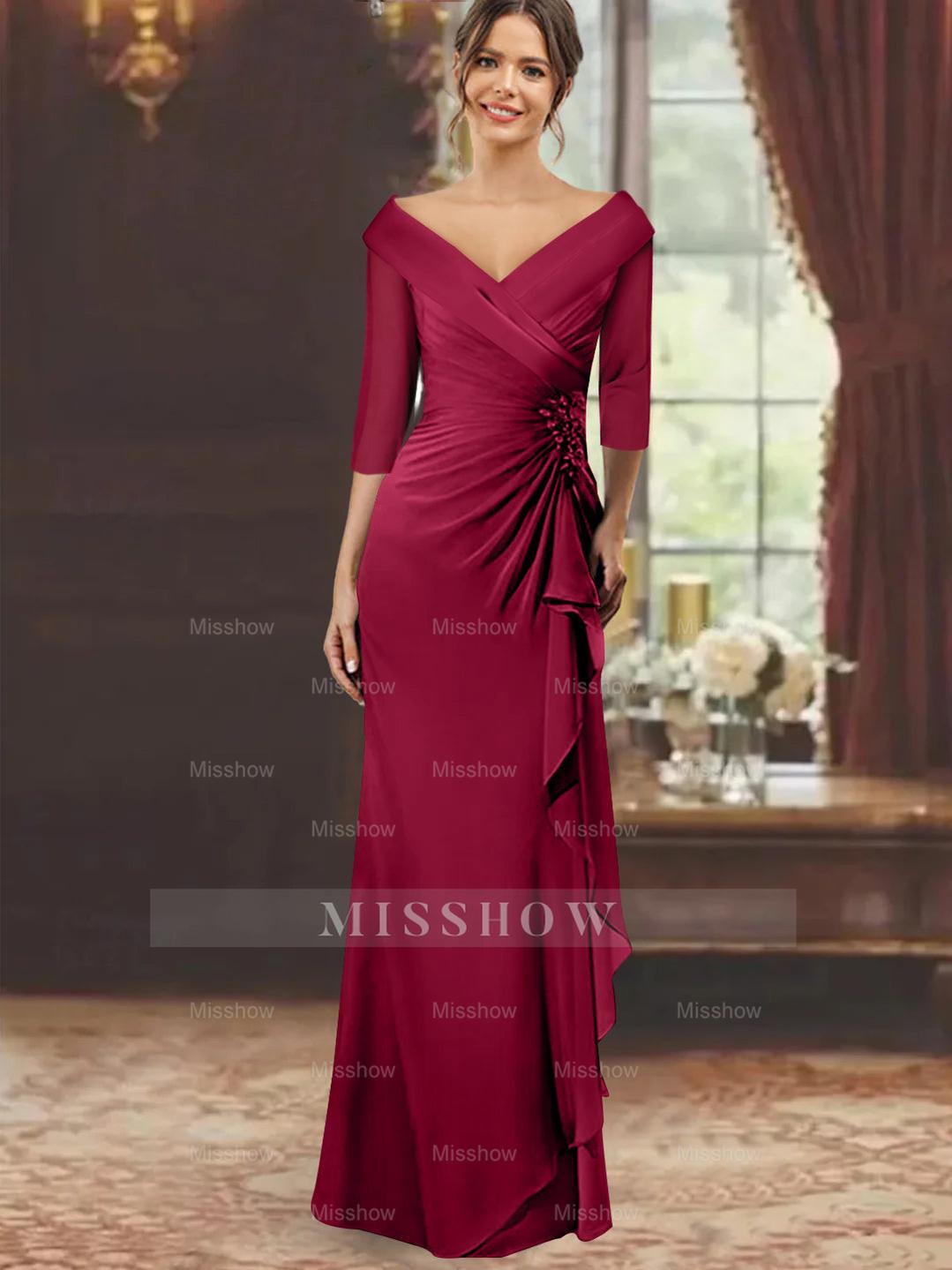 V-Neck Floor-Length Mother of the Bride Dress with Ruffles and Appliques Half Sleeves
