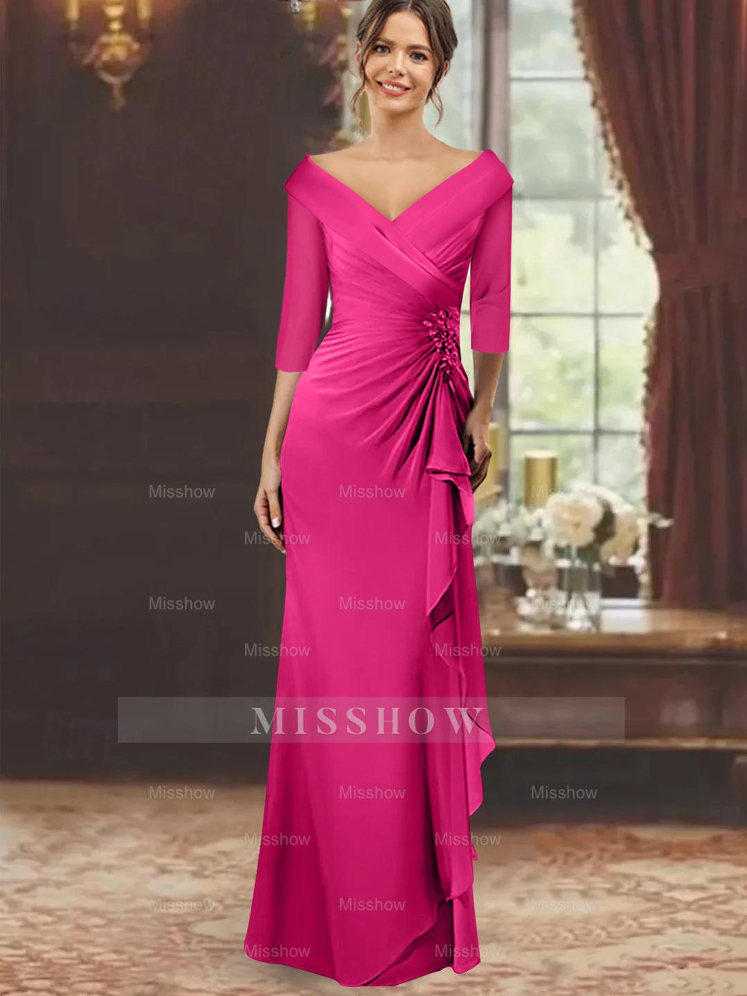 V-Neck Floor-Length Mother of the Bride Dress with Ruffles and Appliques Half Sleeves