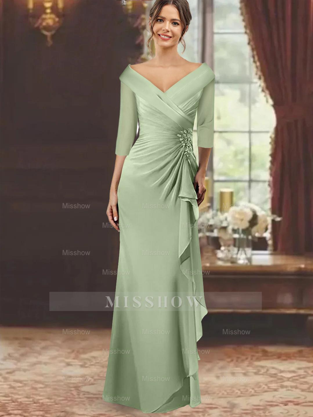V-Neck Floor-Length Mother of the Bride Dress with Ruffles and Appliques Half Sleeves