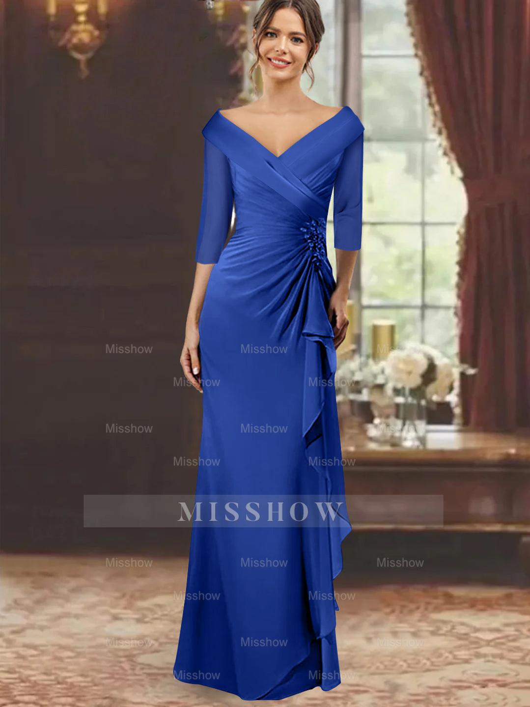 V-Neck Floor-Length Mother of the Bride Dress with Ruffles and Appliques Half Sleeves