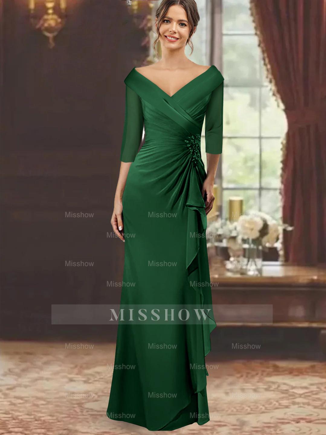 V-Neck Floor-Length Mother of the Bride Dress with Ruffles and Appliques Half Sleeves