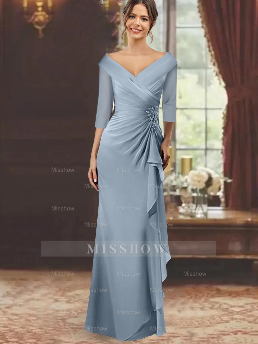 V-Neck Floor-Length Mother of the Bride Dress with Ruffles and Appliques Half Sleeves