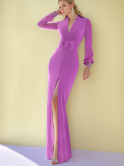 V-Neck Floor-Length Mother of the Bride Dress with Side Split & Buttons