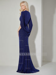 V-Neck Floor-Length Mother of the Bride Sheath Dress With Three-Quarter Sleeves and Ruffles