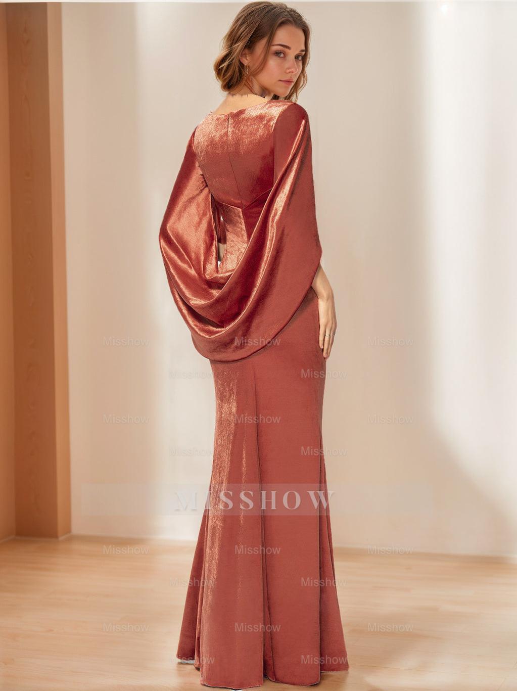 V-Neck Floor-Length Velvet Mother of the Bride Sheath Dress with Ruffled Half Sleeves