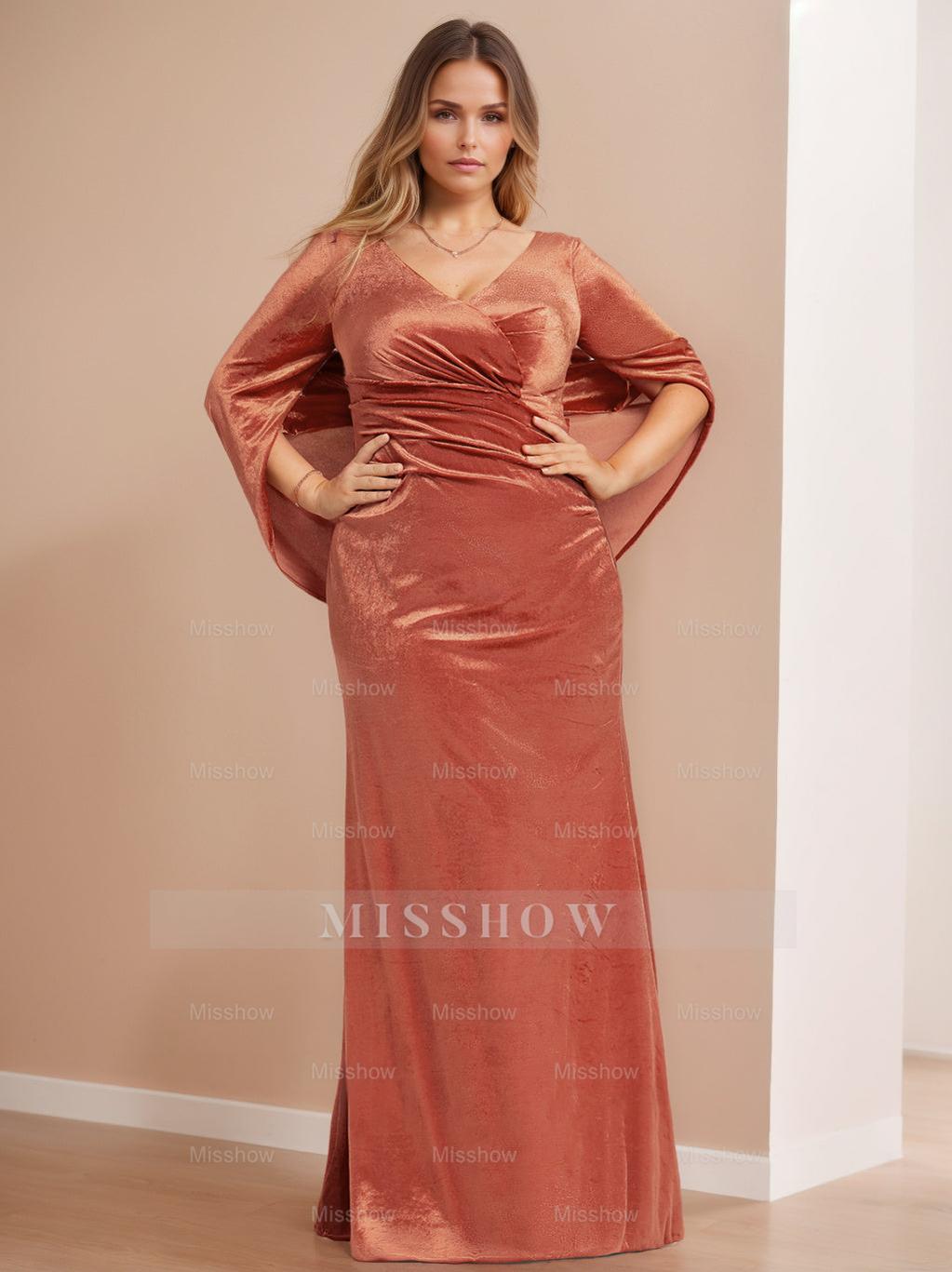 V-Neck Floor-Length Velvet Mother of the Bride Sheath Dress with Ruffled Half Sleeves
