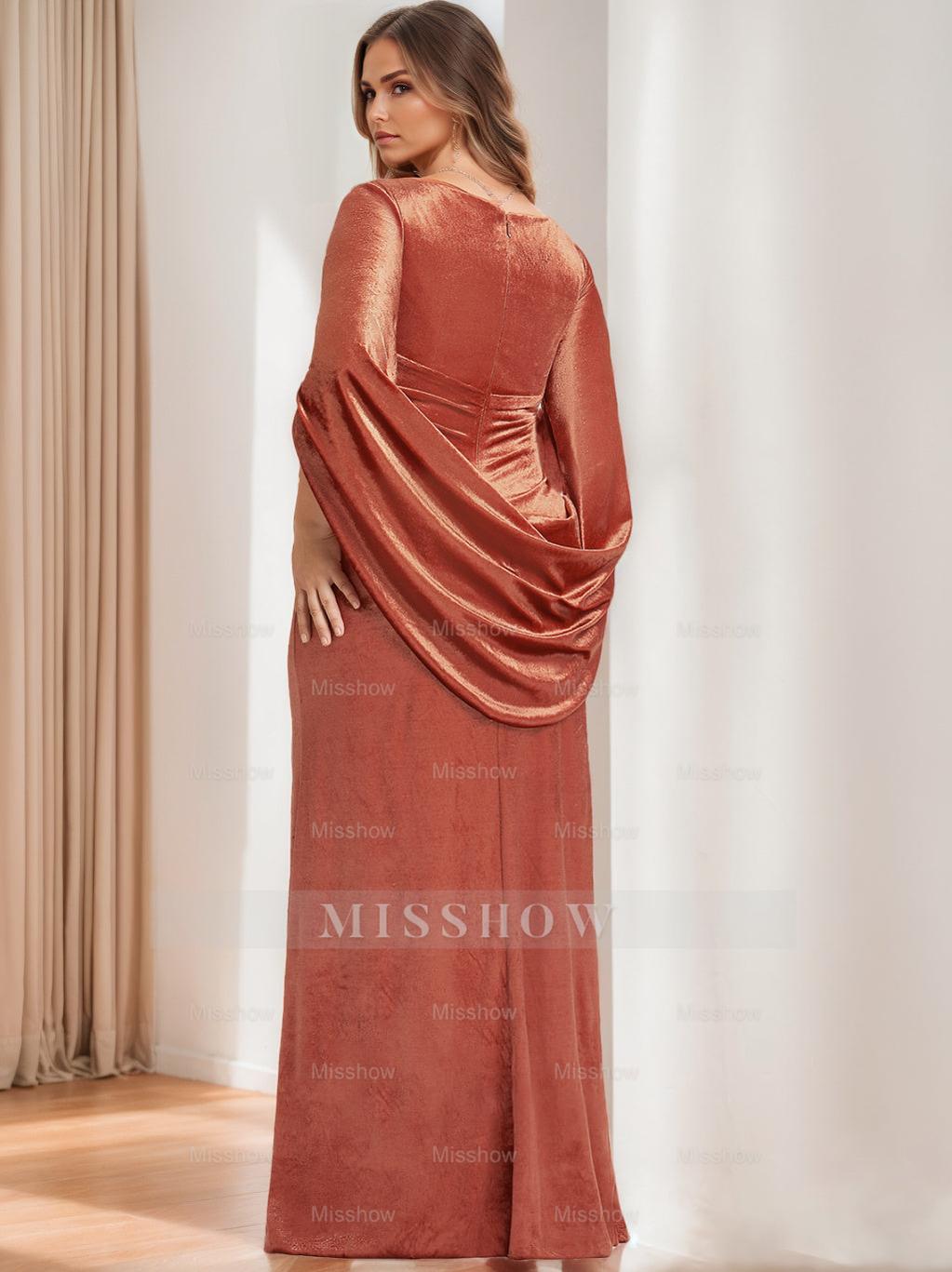 V-Neck Floor-Length Velvet Mother of the Bride Sheath Dress with Ruffled Half Sleeves