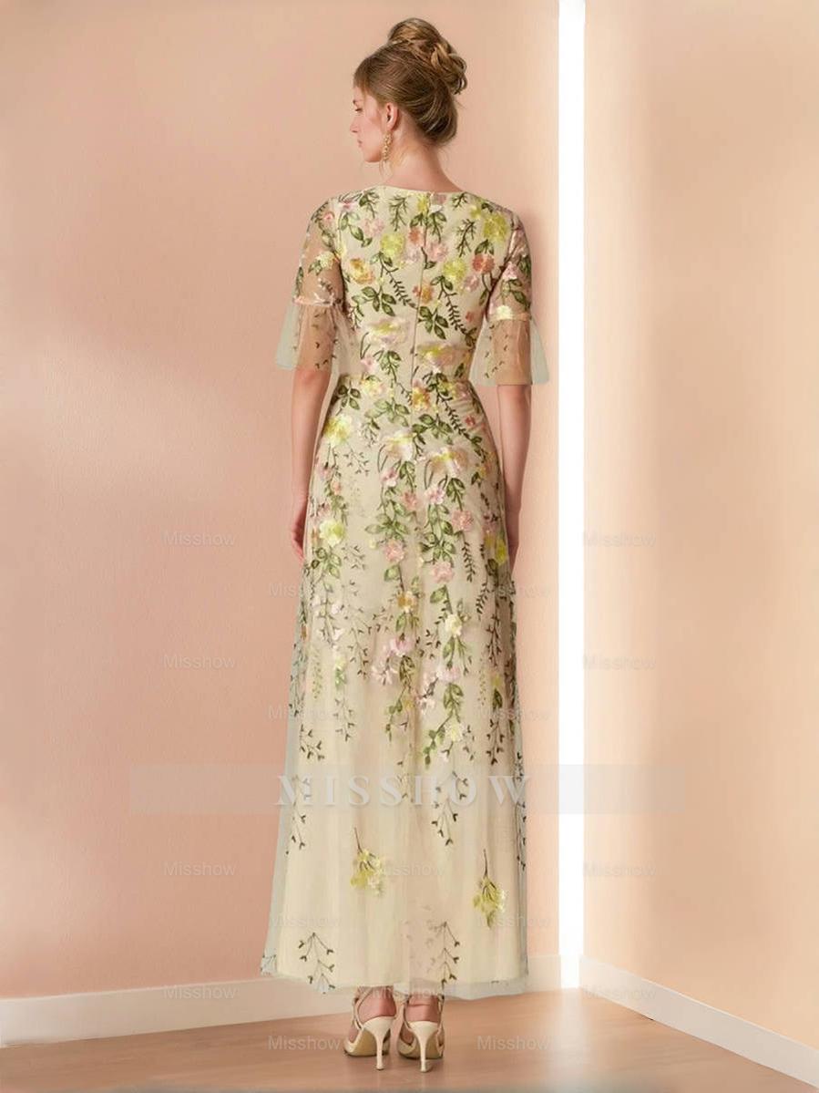 V-Neck Floral A-Line Mother of the Bride Dress with Short Sleeves and Embroidery