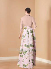 V-Neck Floral Print Mother of the Bride Dress with Bow Belt A-Line/Princess Cut and 3/4 Sleeves