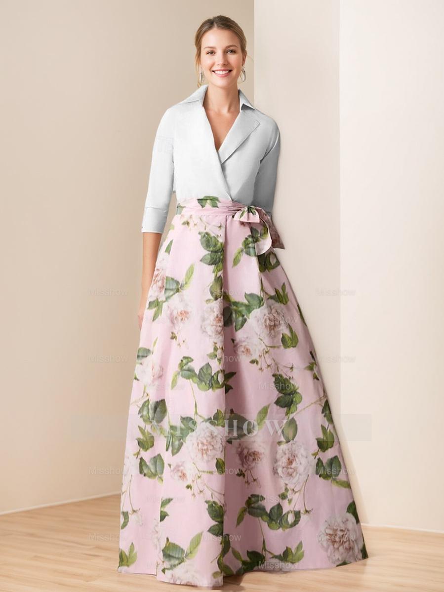 V-Neck Floral Print Mother of the Bride Dress with Bow Belt A-Line/Princess Cut and 3/4 Sleeves