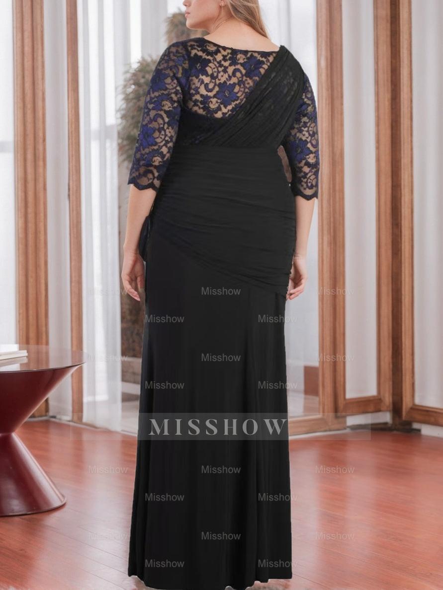 V-Neck Half-Sleeve Plus-Size Floor-Length Mother of the Bride Sheath Dress with Appliques and Ruffles