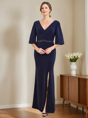 V-Neck Half-Sleeve Sheath/Column Dress for Mothers of the Bride & Groom with Appliques and Side Split