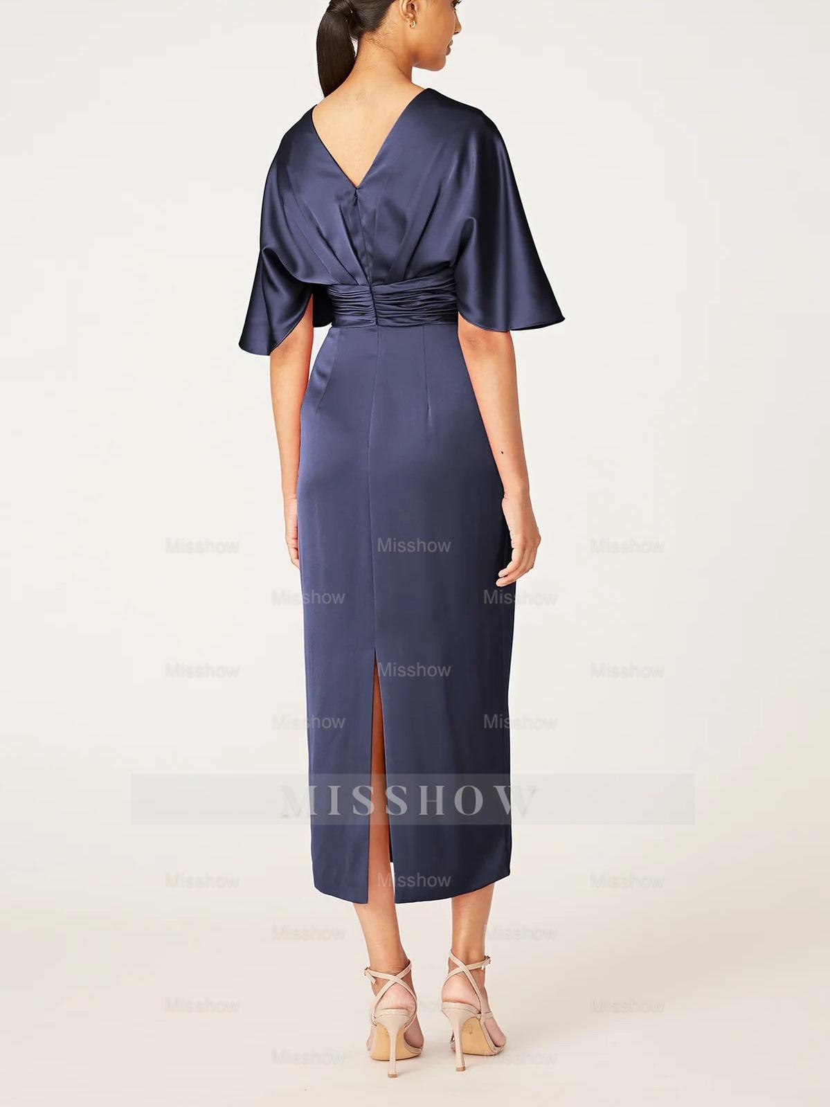 V-Neck Half-Sleeve Tea-Length Sheath Dress with Ruffles for the Mother of the Bride