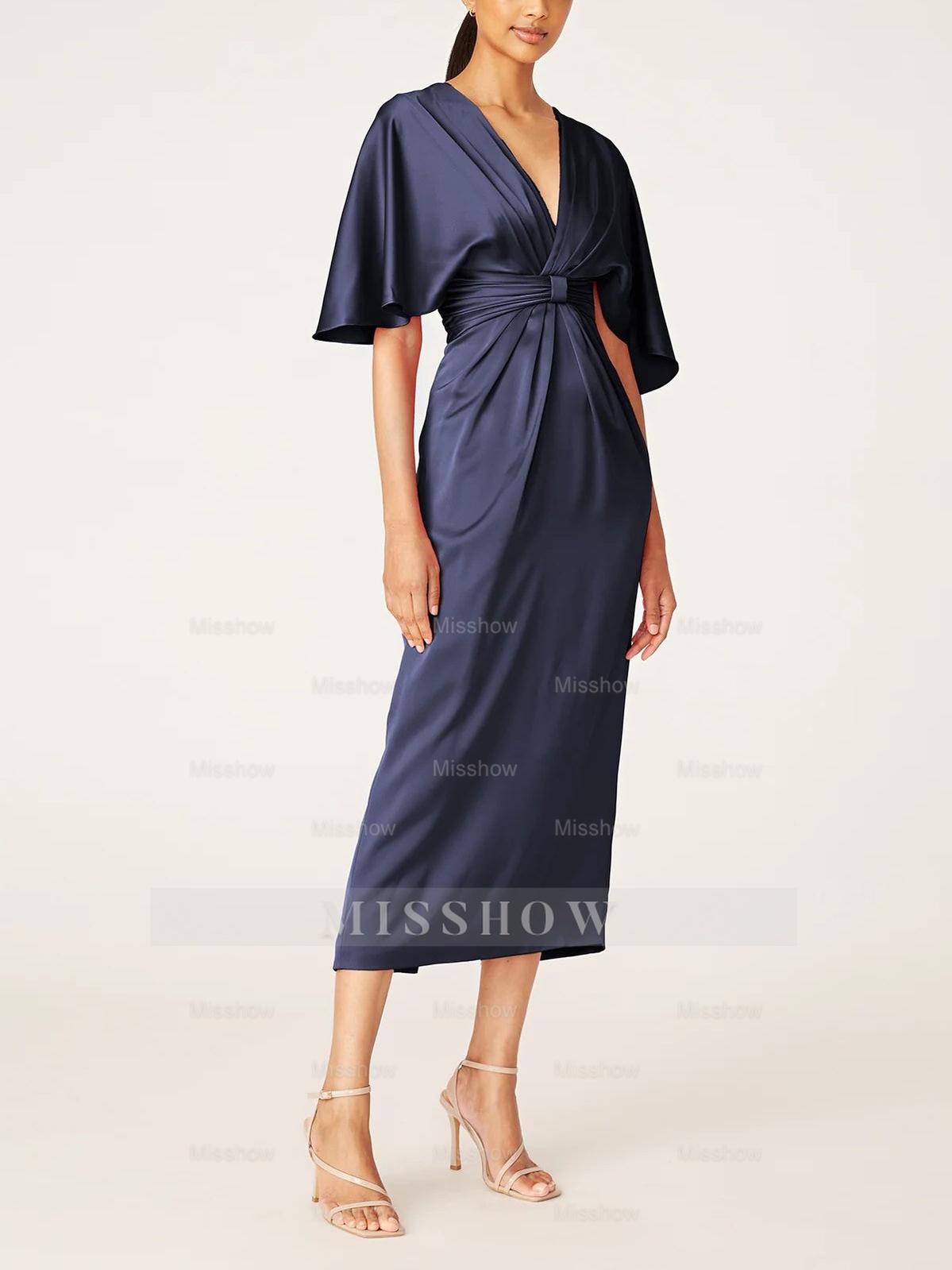 V-Neck Half-Sleeve Tea-Length Sheath Dress with Ruffles for the Mother of the Bride