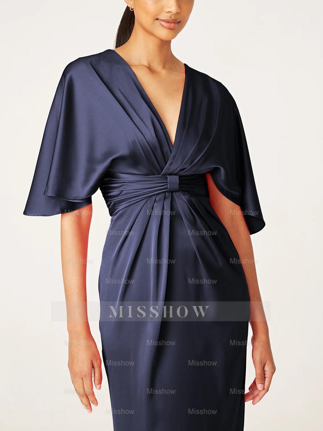 V-Neck Half-Sleeve Tea-Length Sheath Dress with Ruffles for the Mother of the Bride