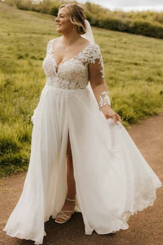 V-Neck Illusion Botanical Leaf Lace Long Sleeve Low V Back Chiffon A-Line Plus Size Wedding Dress Front Slit Chapel Train Lace Hem