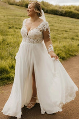 V-Neck Illusion Botanical Leaf Lace Long Sleeve Low V Back Chiffon A-Line Plus Size Wedding Dress Front Slit Chapel Train Lace Hem