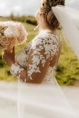 V-Neck Illusion Botanical Leaf Lace Long Sleeve Low V Back Chiffon A-Line Plus Size Wedding Dress Front Slit Chapel Train Lace Hem