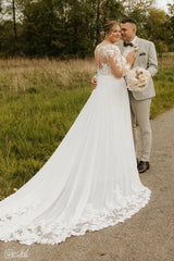 V-Neck Illusion Botanical Leaf Lace Long Sleeve Low V Back Chiffon A-Line Plus Size Wedding Dress Front Slit Chapel Train Lace Hem