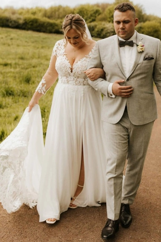 V-Neck Illusion Botanical Leaf Lace Long Sleeve Low V Back Chiffon A-Line Plus Size Wedding Dress Front Slit Chapel Train Lace Hem