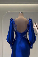 V-Neck Illusion Lace Floral Appliqué Bodice Voluminous Bishop Puff Long Sleeves Open Round Low Back Fitted Mermaid Evening Dress Sweep Train Royal Blue