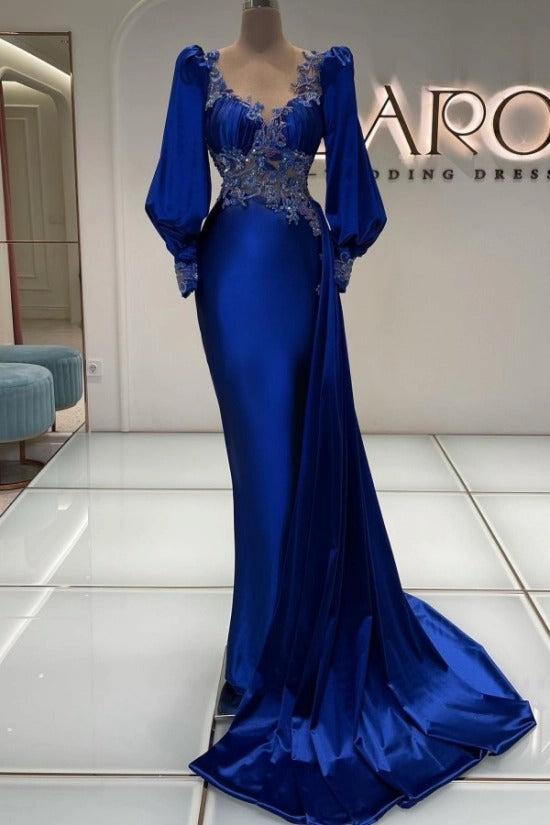 V-Neck Illusion Lace Floral Appliqué Bodice Voluminous Bishop Puff Long Sleeves Open Round Low Back Fitted Mermaid Evening Dress Sweep Train Royal Blue
