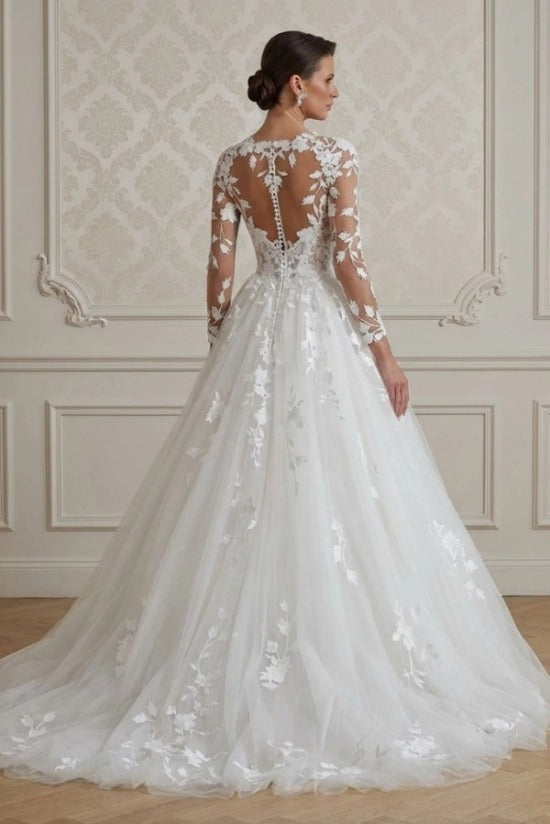 V-Neck Illusion Long Sleeve All-Over 3D Lace Leaf Appliqué Button Back Open Illusion Back A-Line Ball Gown Wedding Dress Chapel Train