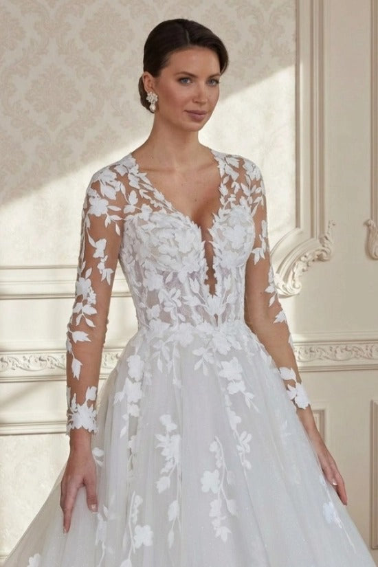 V-Neck Illusion Long Sleeve All-Over 3D Lace Leaf Appliqué Button Back Open Illusion Back A-Line Ball Gown Wedding Dress Chapel Train
