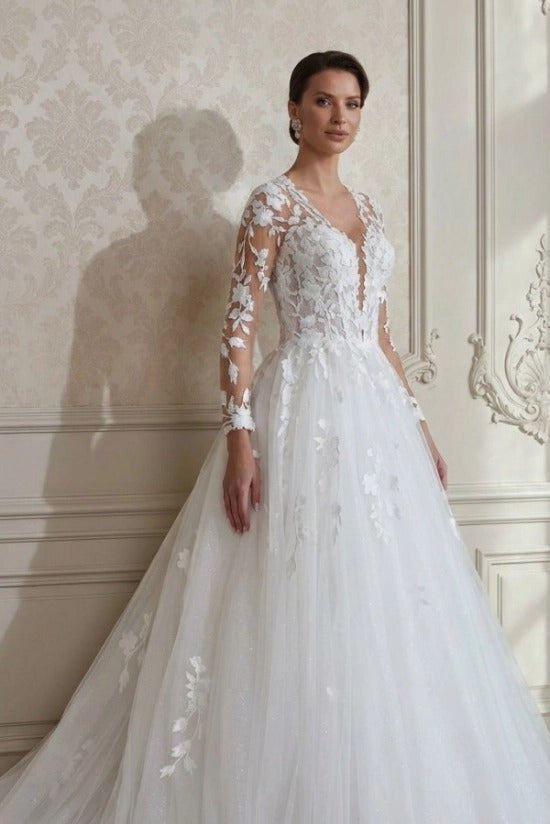 V-Neck Illusion Long Sleeve All-Over 3D Lace Leaf Appliqué Button Back Open Illusion Back A-Line Ball Gown Wedding Dress Chapel Train