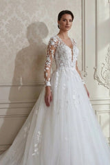 V-Neck Illusion Long Sleeve All-Over 3D Lace Leaf Appliqué Button Back Open Illusion Back A-Line Ball Gown Wedding Dress Chapel Train