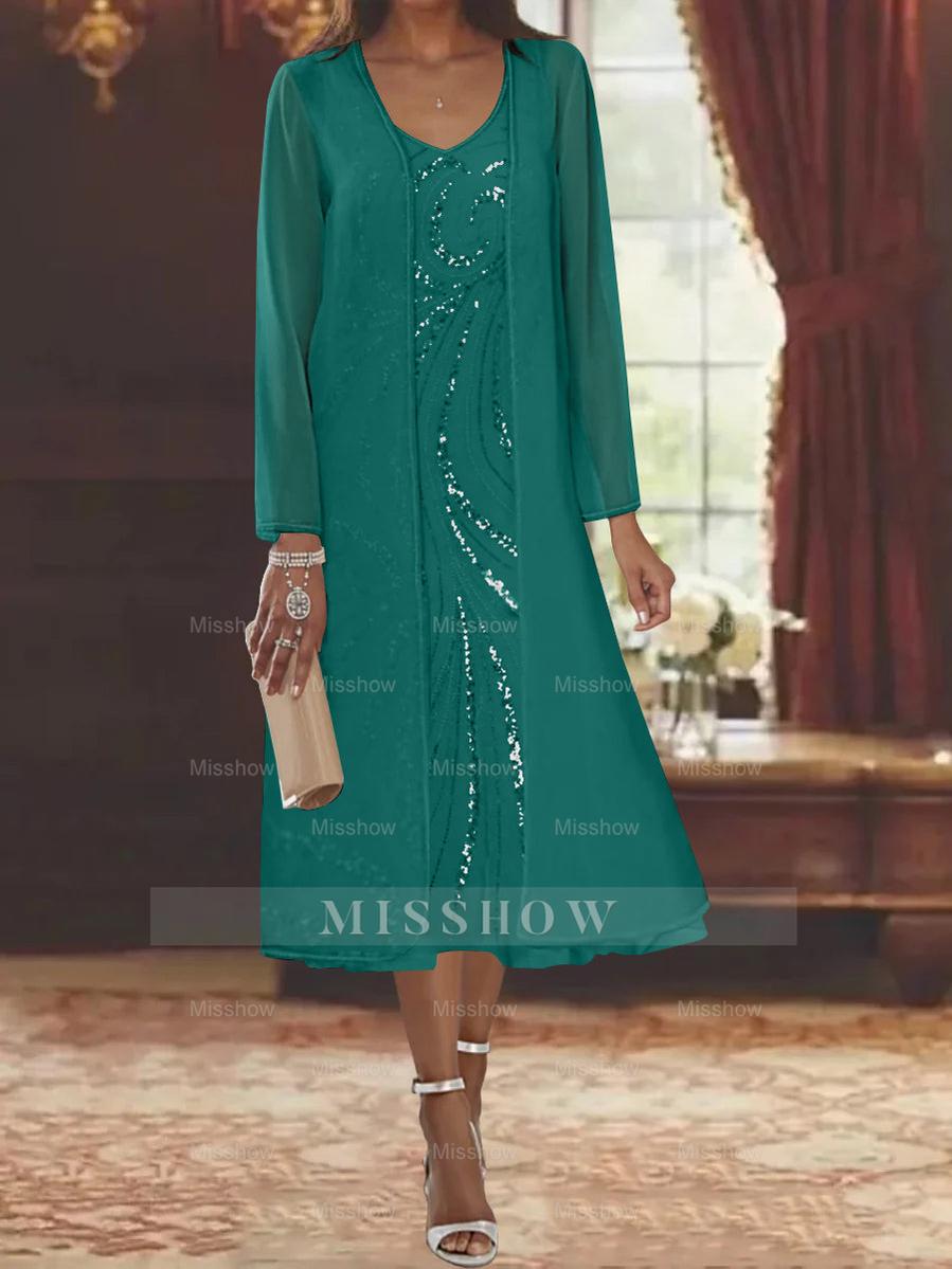 V-Neck Long-Sleeve Tea-Length Mother of the Bride Dress with Jacket and Sequins