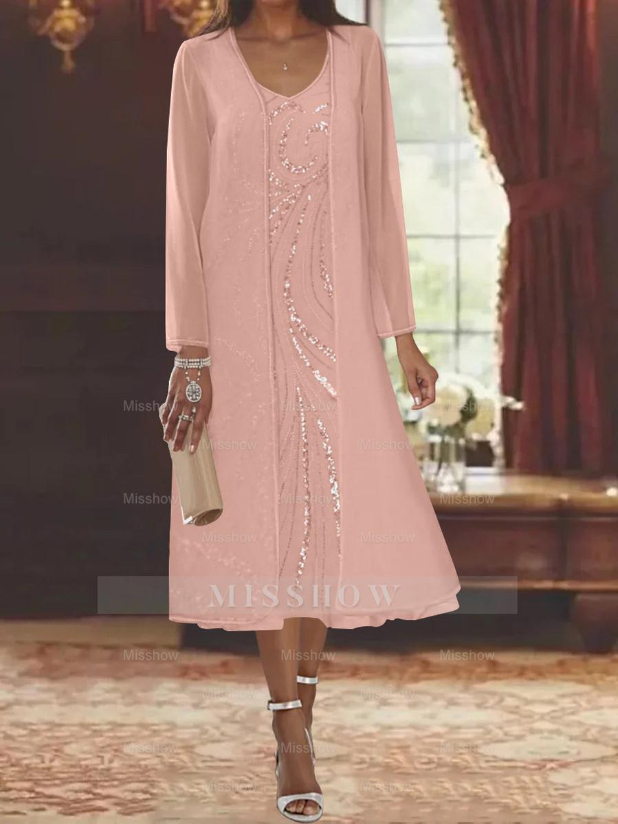 V-Neck Long-Sleeve Tea-Length Mother of the Bride Dress with Jacket and Sequins
