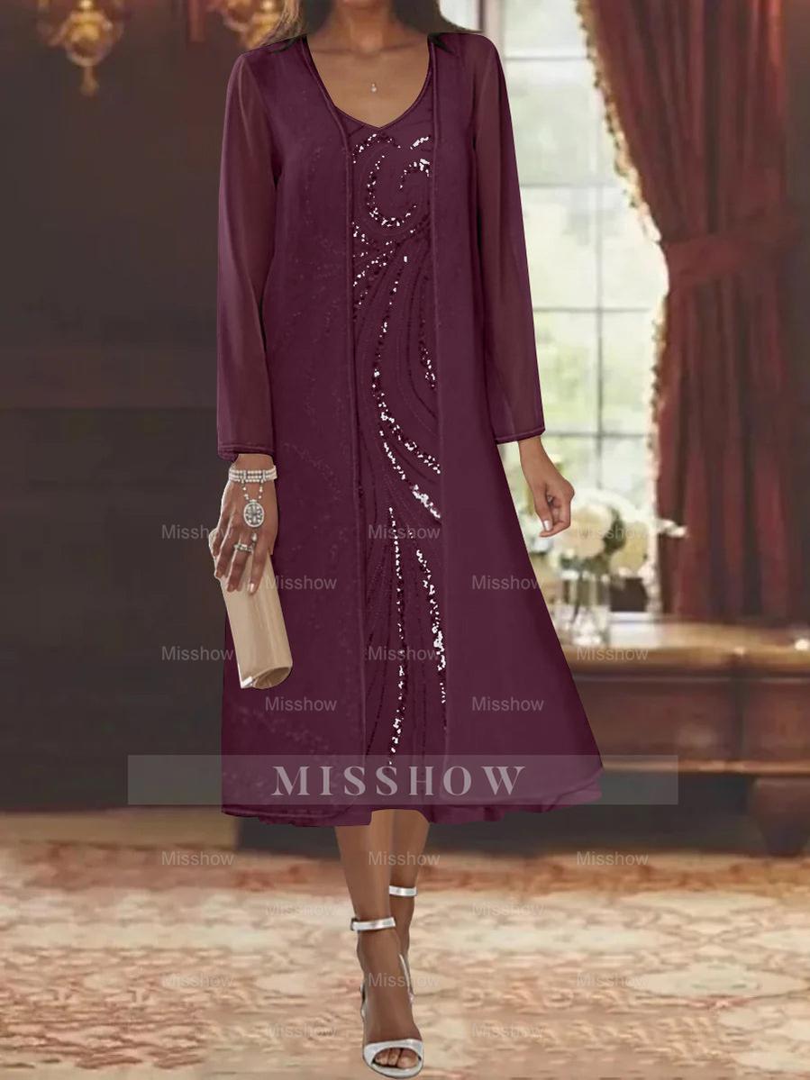 V-Neck Long-Sleeve Tea-Length Mother of the Bride Dress with Jacket and Sequins