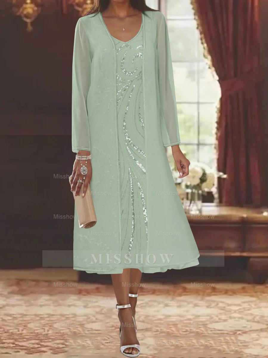 V-Neck Long-Sleeve Tea-Length Mother of the Bride Dress with Jacket and Sequins