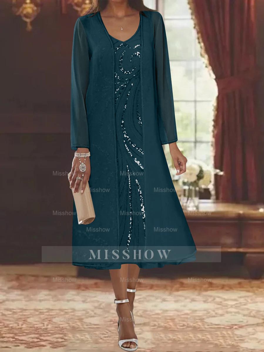 V-Neck Long-Sleeve Tea-Length Mother of the Bride Dress with Jacket and Sequins