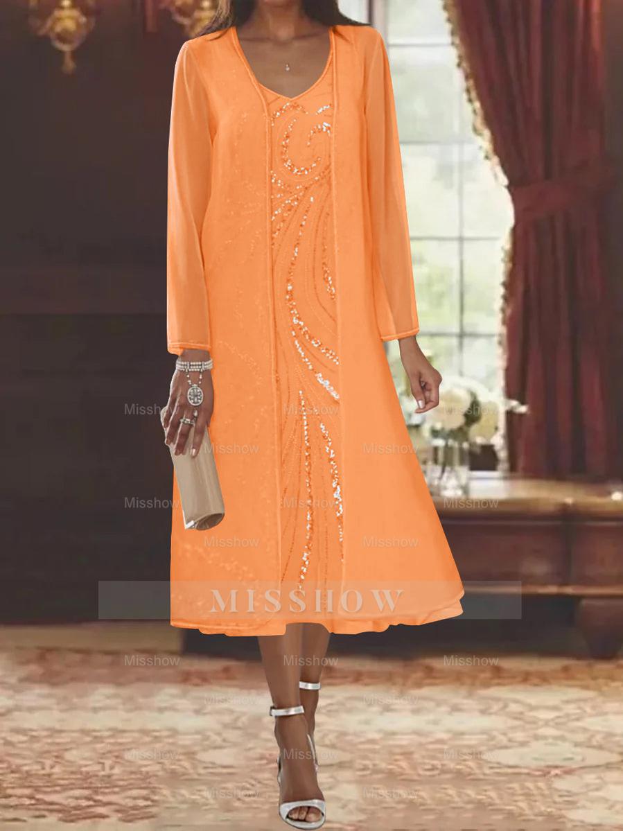 V-Neck Long-Sleeve Tea-Length Mother of the Bride Dress with Jacket and Sequins