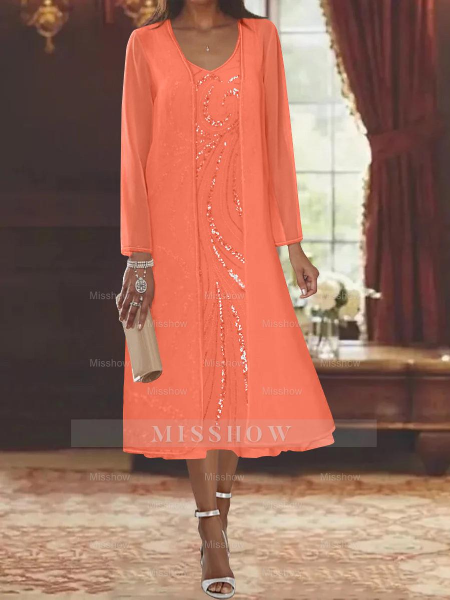 V-Neck Long-Sleeve Tea-Length Mother of the Bride Dress with Jacket and Sequins