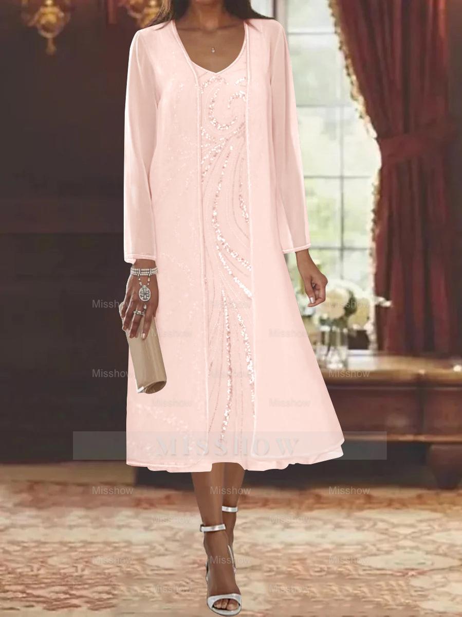 V-Neck Long-Sleeve Tea-Length Mother of the Bride Dress with Jacket and Sequins