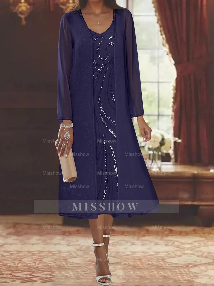 V-Neck Long-Sleeve Tea-Length Mother of the Bride Dress with Jacket and Sequins