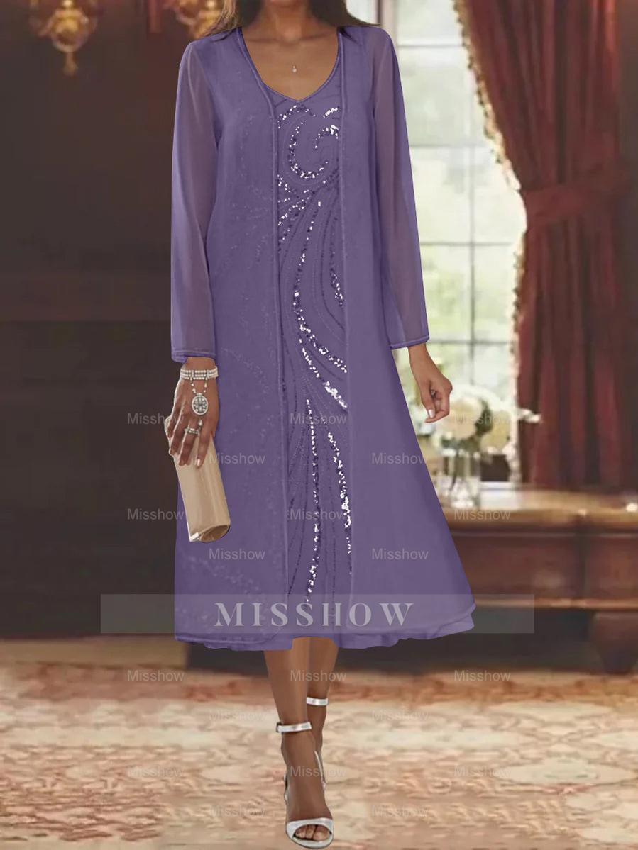 V-Neck Long-Sleeve Tea-Length Mother of the Bride Dress with Jacket and Sequins
