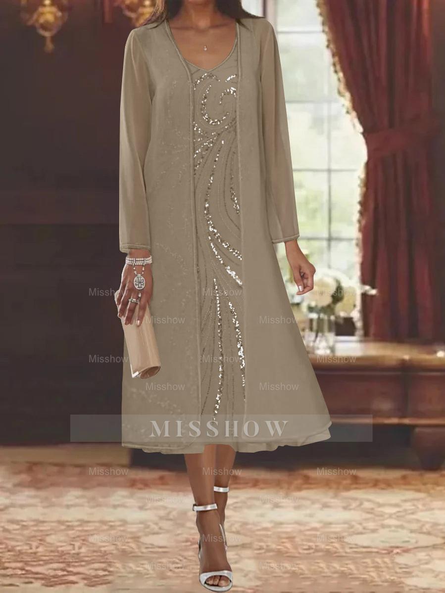 V-Neck Long-Sleeve Tea-Length Mother of the Bride Dress with Jacket and Sequins