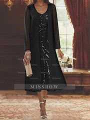 V-Neck Long-Sleeve Tea-Length Mother of the Bride Dress with Jacket and Sequins