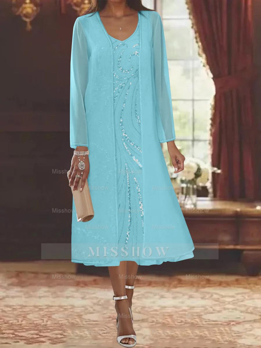 V-Neck Long-Sleeve Tea-Length Mother of the Bride Dress with Jacket and Sequins