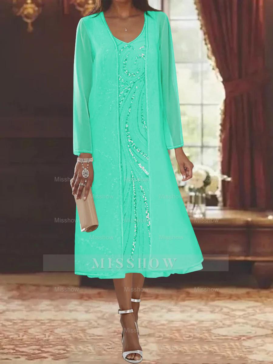 V-Neck Long-Sleeve Tea-Length Mother of the Bride Dress with Jacket and Sequins