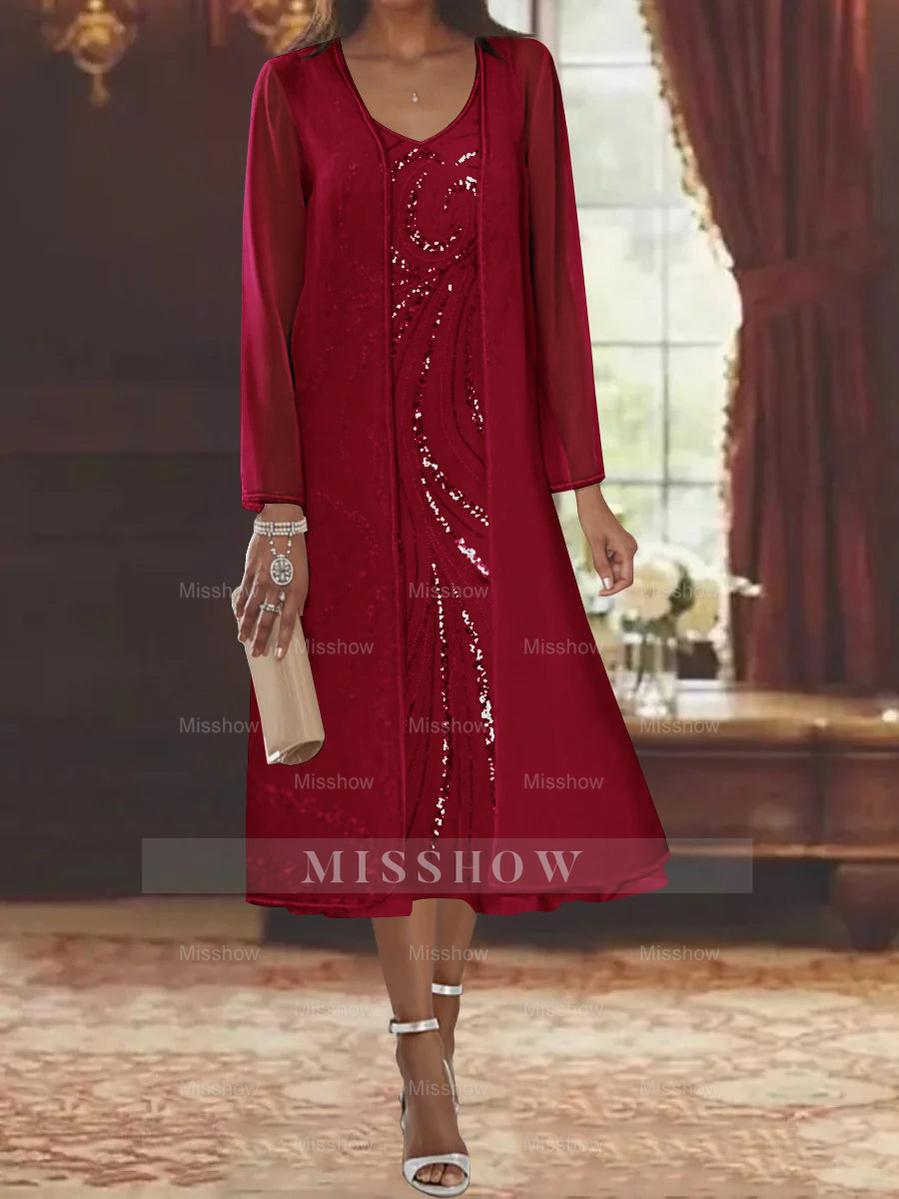 V-Neck Long-Sleeve Tea-Length Mother of the Bride Dress with Jacket and Sequins