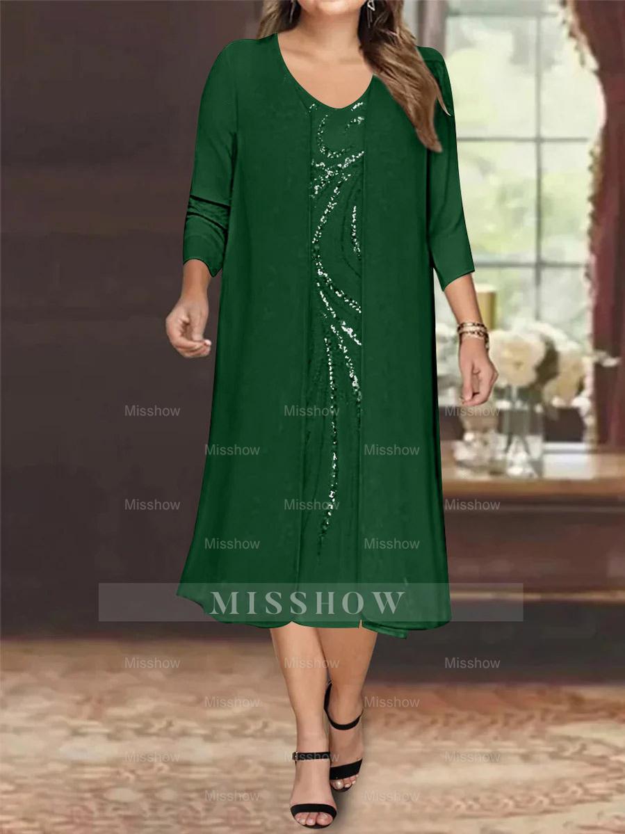 V-Neck Long-Sleeve Tea-Length Plus Size Mother of the Bride Dress with Jacket and Sequins