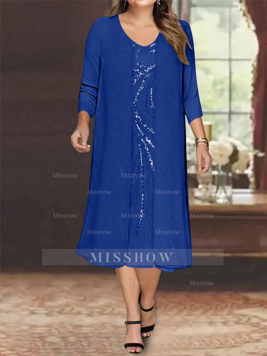 V-Neck Long-Sleeve Tea-Length Plus Size Mother of the Bride Dress with Jacket and Sequins