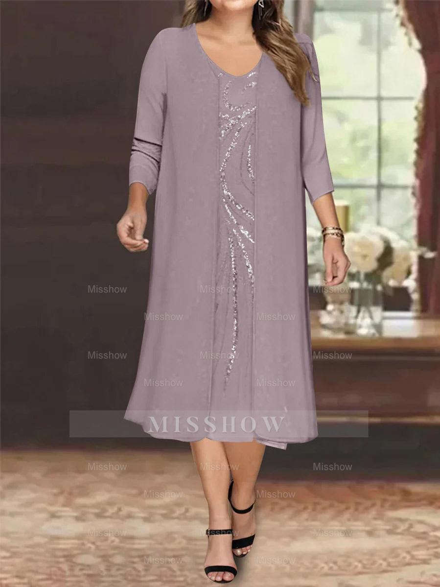 V-Neck Long-Sleeve Tea-Length Plus Size Mother of the Bride Dress with Jacket and Sequins