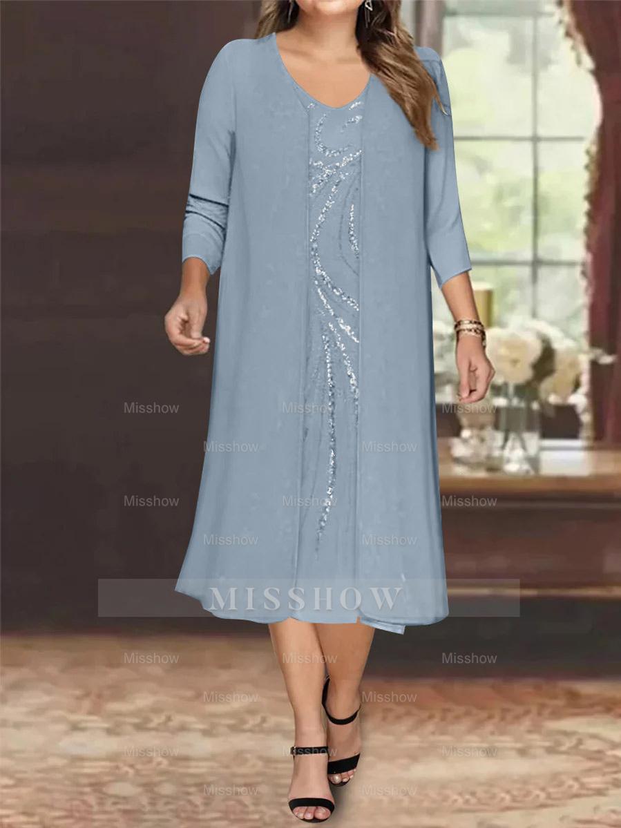 V-Neck Long-Sleeve Tea-Length Plus Size Mother of the Bride Dress with Jacket and Sequins