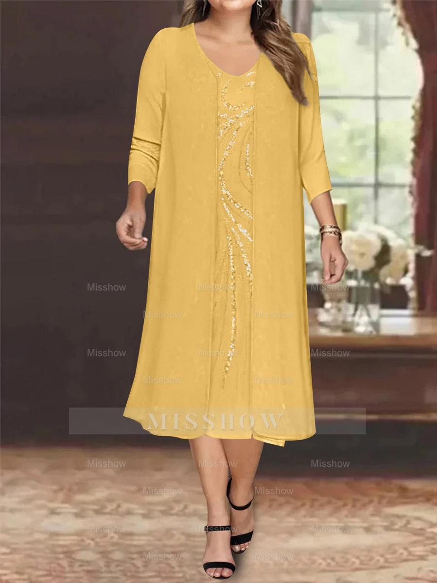 V-Neck Long-Sleeve Tea-Length Plus Size Mother of the Bride Dress with Jacket and Sequins